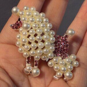 Poodle Brooch Faux Pearl Rhinestone Dog Pin – 2.75” Tall